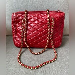 Vintage Leather Express Red Quilted Leather Shoulder Bag Gold Chain Straps
